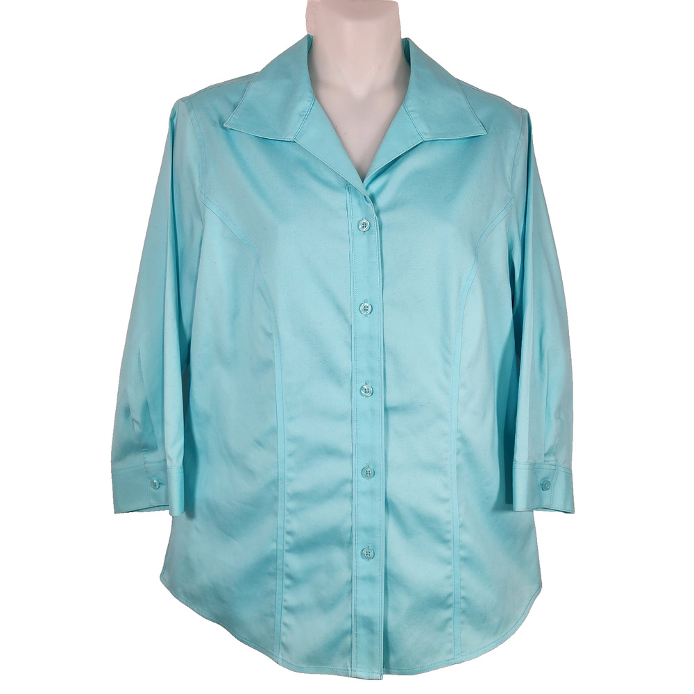 Chico's Women No Iron Shirt Button Front 100% Cotton Blue 3/4 Sleeve Size Small